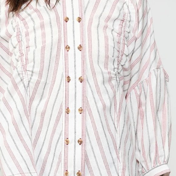 New BLUHEAVEN by Umgee S cotton striped Bishop sleeve casual ruched loose top - Picture 7 of 8